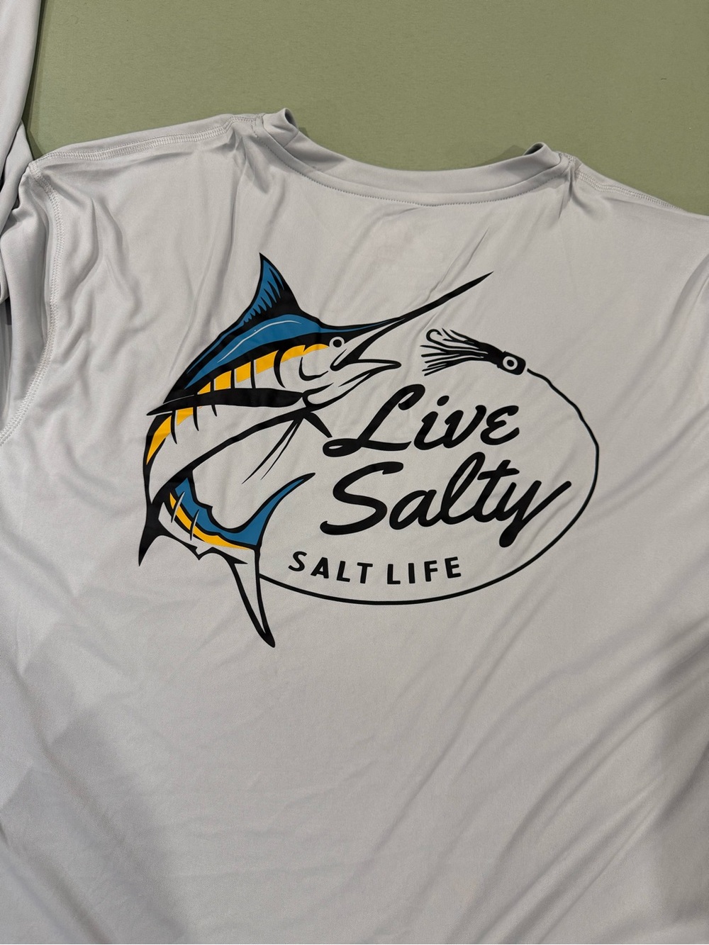 Salt Life Gray Long Sleeve Performance Tee with Blue & Yellow Marlin Graphic - Picture 1 of 4